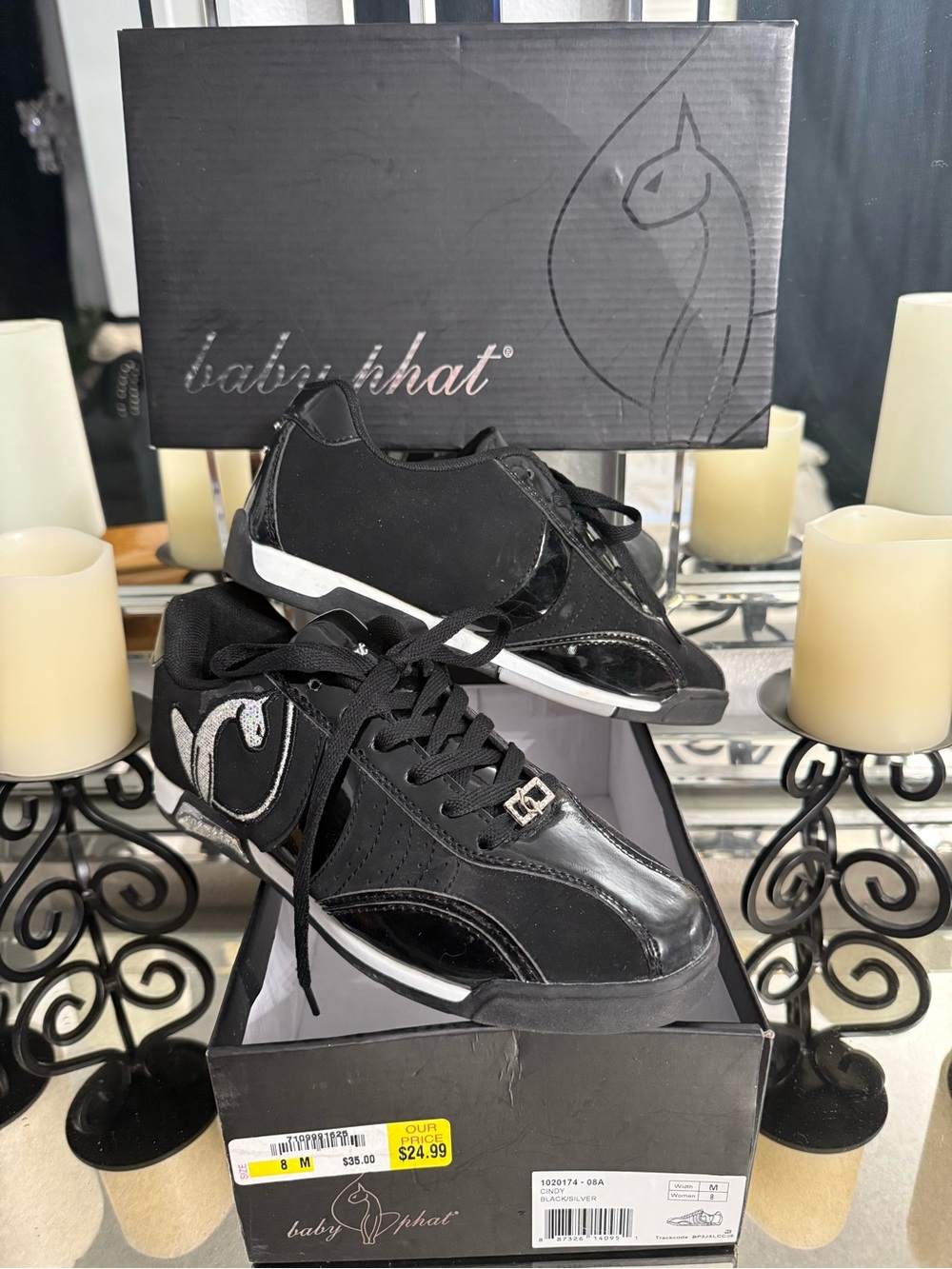 Baby Phat Cindy Y2K Vintage Black and Silver Low-Top Sneakers Size 8 New in Box